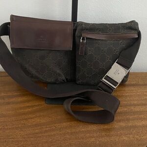 Vintage Gucci GG Canvas Waist Belt Bag W/Brown Leather Trim and COA
